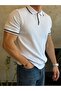 Men's Stripe Textured Collar Detail Button Tshirt White Eca068 - 2