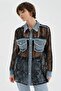 Women's Lace and Denim Fabric Paneled Design Jacket Shirt - 8
