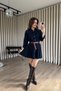Navy Blue Snap Fastener Skirt Pleated Belt Pcs Gabardine Shirt Dress - 5
