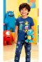 Navy Blue Color Cute Monsters Themed Cuffed Cuff Crew Neck Boys' Pajama Set - 2
