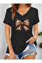 Women's Ribbon Printed V-Neck Sleeved Regular Fit T-Shirt