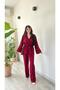 Women's Waist Tie-Detail Tencel Fabric Burgundy Shirt Pants Bottom Top Premium Set - 5