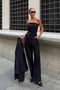 Navy Blue Blazer Jacket Blouse Palazzo Pants 3-Piece Suit - 2