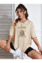 Social Club Mix Printed Oversized Crew Neck Beige Women's Tshirt
