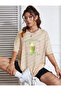 Social Club Mix Printed Oversized Crew Neck Beige Women's Tshirt