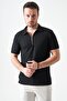 Men's Black Footed Collar Zipper Heavy Jacquard T-Shirt - 2