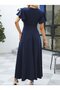 Women's Short Sleeve Double-Breasted Collared Front Asymmetrical Ruffled Long Imported Crepe Dress - 2