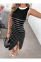 Women's Strappy Round Neck Striped Detail Slit Midi Knit Dress - 8