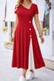Women's Asymmetric Collar Button-Detail Viscose Midi Dress - Short-Sleeve Chic Casual Dress