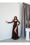 Brown Heart-Neck Corset Detailed Tie-Front Lace Evening Dress - 3
