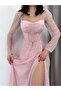Powder Pink Heart Neck Corset-Detail Front-Tie Lace Evening Dress - 5