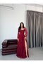 Burgundy Heart Collar Corset Detailed Front Tie-Detail Lace Evening Dress - 2
