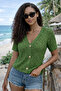 Women's Short Sleeve Buttoned V-Neck Lace-Like Knit Relaxed Fit Trend Mint Knitwear Cardigan