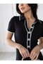 Women's Black Corded Fabric Long Striped Detail Polo Collar Knit Dress - 2
