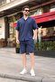 Navy Blue 100% Cotton Piece Men's Shorts and Shirt Set E7360 - 2