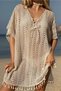 Women's Bohemian Lace-Like Knit Knitwear Knitted Beach Dress with Tassel Detail V-Neck Ecru