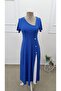 Women's Short Sleeve Asymmetrical Collar Button Detailed Midi Viscose Dress - 4