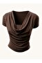 Women's Coffee Color Draped Collar Short Sleeve Stylish Blouse