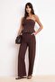 Kahverengi Peplum Bluz Düz Paça Pantolon Papertouch Dokuma Alt - Üst Takım TWOSS26AU00107 - 2