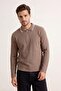 Açık Kahverengi  Loose Fit Dokulu Yaka Çizgi Detaylı Fermuarlı Polo Yaka T-shirt TMNSS26PO00003 - 2