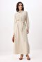 Beige Pocket Detailed Linen Blend Unlined Woven Belted Hijab Dress Tctss26Eb00117