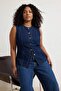 Koyu Mavi Vücuda Oturan/Fitted Büyük %100 Pamuk Non-Stretch Büyük Beden Denim Yelek TBBSS26BH00007