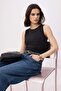 Black Plain Fitted Crew Neck Sleeveless Snap Fastener Stretchy Knitted Body Twoss26Bd00020