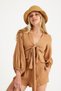100% Cotton Woven Muslin Tie-Up Women's Shirt - Shorts Set Beige - 5