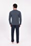 Men's Navy Blue V-Neck Long Sleeve Cotton Men's Pajama Set - 3
