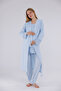 Blue Long Sleeve Cotton Full Length Maternity Pajama Set with Lace on Sleeves and Collar, 3-Piece Set - 6