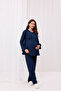 Navy Blue Double-Breasted Long Dressing Gown with Breastfeeding Feature Maternity Maternity Dressing Gown 3-Piece Pajama Set - 6