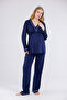 Navy Blue Piping Long Sleeve Cotton Maternity Pajama Set and Nightgown 4-Piece Set - 5