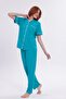 Women's Turquoise Ribbed Front Buttoned Cotton Short Sleeve Pajama Set - 8