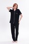 Women's Black Ribbed Front Buttoned Cotton Short Sleeve Pajama Set - 7