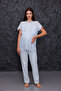 Blue Eyelet Embroidery Linen Postpartum Maternity Robe 3-Piece Pajama Set - 4