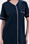Women's Navy Blue Ribbed Front Buttoned Cotton Short Sleeve Pajama Set - 5