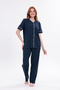 Women's Navy Blue Ribbed Front Buttoned Cotton Short Sleeve Pajama Set - 2