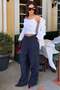 Navy Blue Striped High Waist Pleated Women's Fabric Trousers Mg2641
