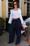 Navy Blue Striped High Waist Pleated Women's Fabric Trousers Mg2641 - 6