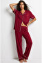 Burgundy Shirt Collar Buttoned Bias Short Sleeve Viscose Wide-Fit Pajama Suit7828