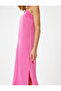 Thin Strap Midi Dress with Slit Detail in Crepe Fabric - 5