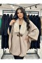 Women's Button Detailed Collar Fur Transitional Cashmere Cape Poncho M38868 - 6