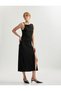 Sleeveless Degaje Collar Long A-Line Draped Dress with Metal Accessories