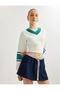 Raster Color-Blocking V-Neck Long Sleeve Crop Sweatshirt - 2