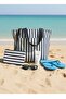 Dark Blue Beige Linen Woven Beach Sea Bag with Front Pocket, Picnic Bag and Wallet, Set of 2