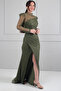 Women's 3-Piece Design Evening Dress Strapless Front Ruched Lined Long Dress Mock Neck Lace Blouse - 3