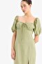 Heart Neckline Slit Linen Blend Short Sleeve Midi Dress C0941Ax25Sm - 3