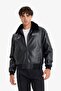 Regular Fit Plush Collar Knit Detail Faux Leather Pilot Jacket with Inner Pockets F5137AX25WN - 3