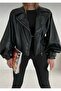 Women's Black Balloon Sleeve Black Leather Jacket - 5