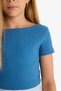 Fitted Kayık Collar Ribbed Short Sleeve T-Shirt Girl Child F7003A825Au - 6